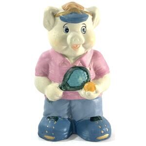 Vintage Antique Piggy Bank Tennis Player Pig In Pink Shirt Porcelain 5.5” Tall